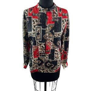 Vintage NICOLA Multicolor Blouse Leopard Mock Neck Collared Back Button Size 8